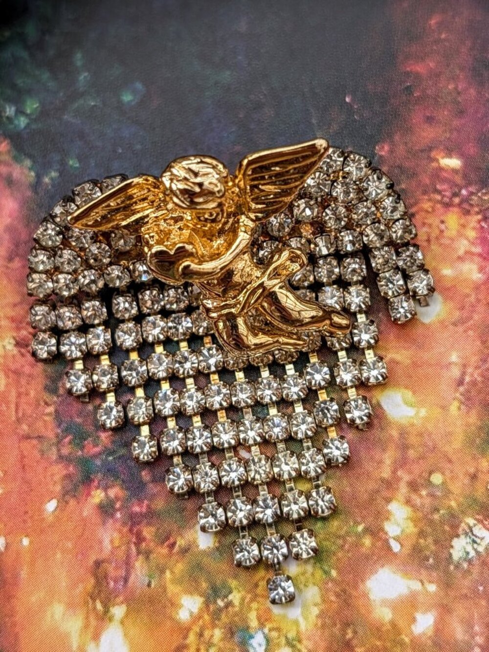 Vintage 1950's Rhinestone Waterfall Brooch with Gold Tone Cupid